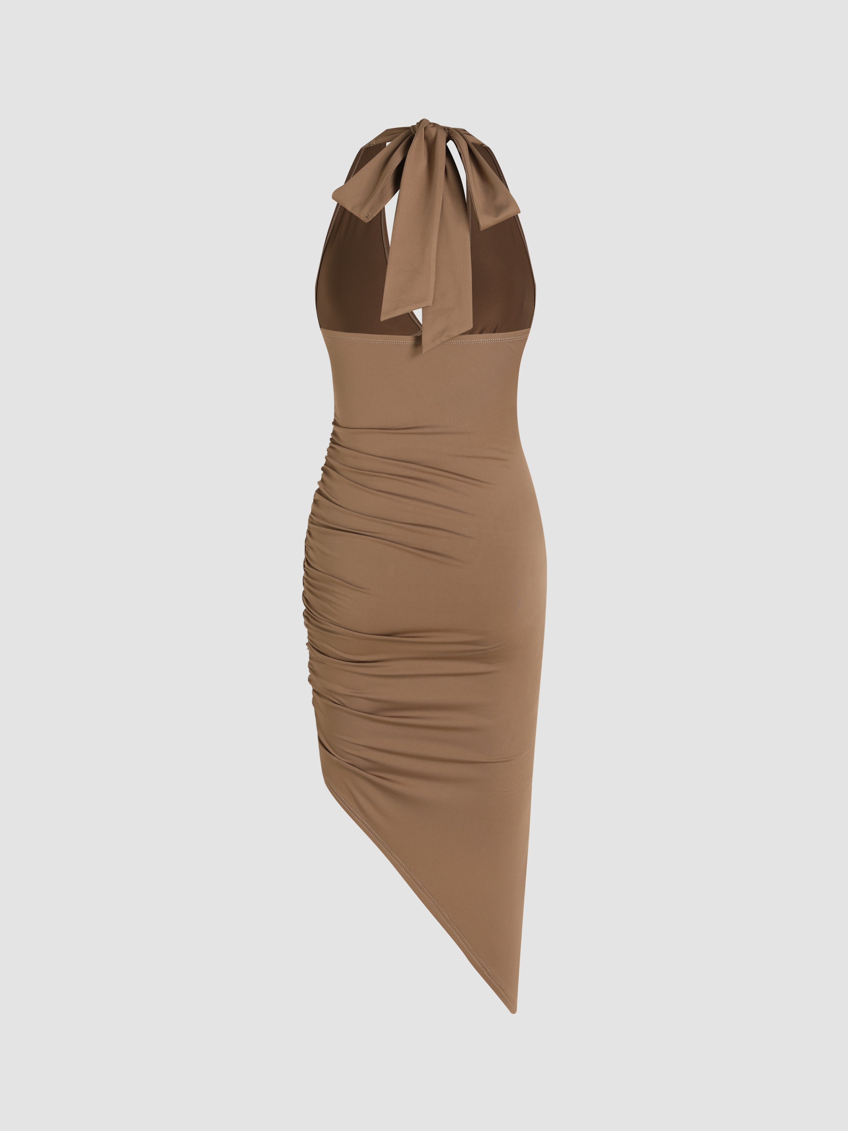 Light brown midi dress with ruffles and neckline