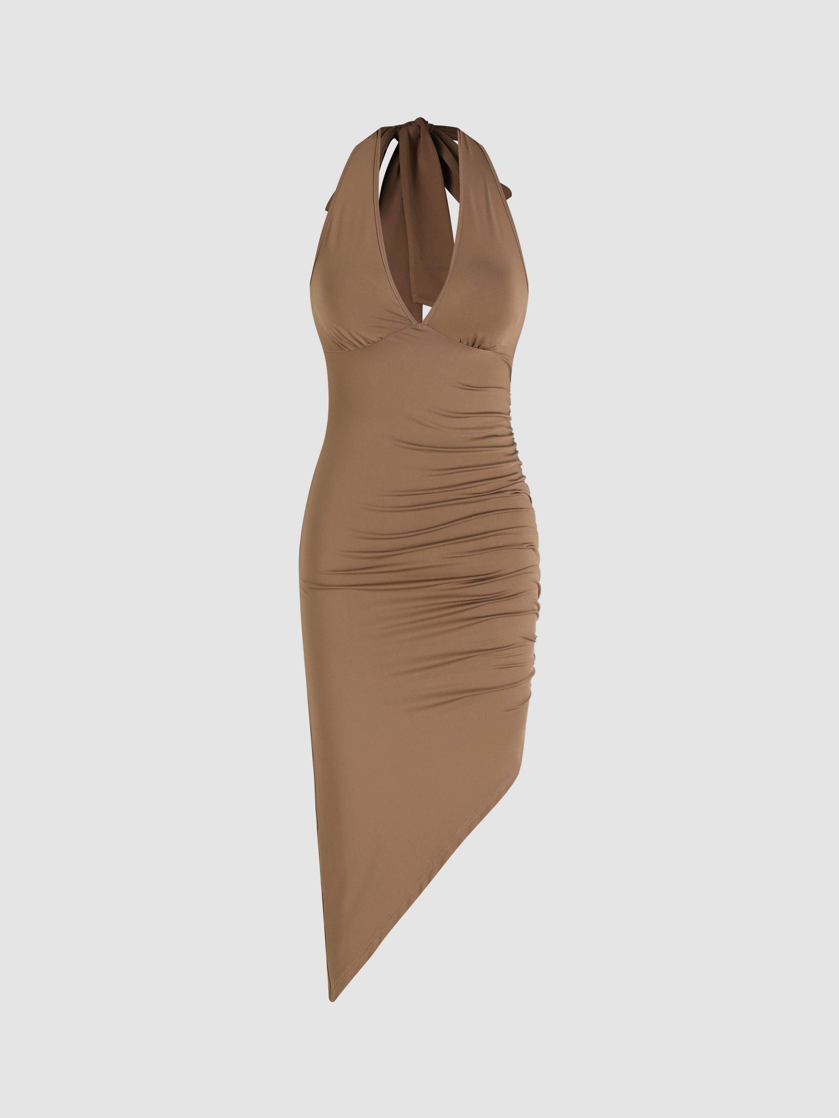 Light brown midi dress with ruffles and neckline