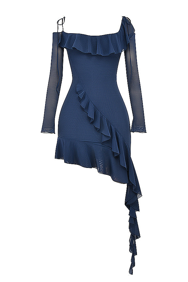 French navy blue mini dress with ruffles