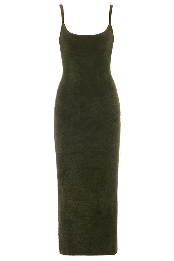 Khaki soft fluffy knitted maxi dress