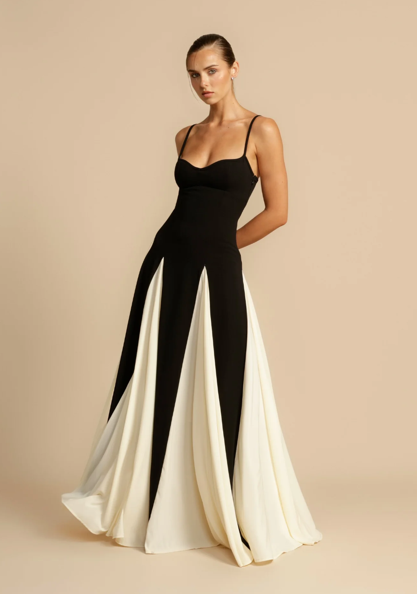 Elegant Contrast Color Maxi Dress In Black And White