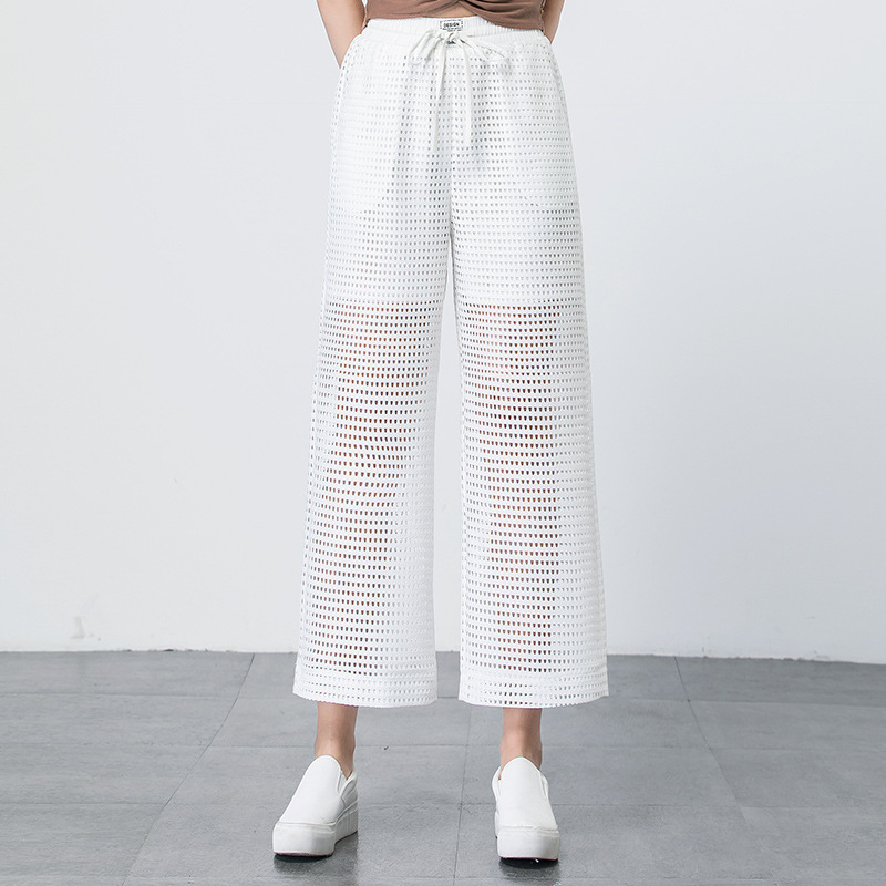 Wide leg see thru hallow white pants for summer