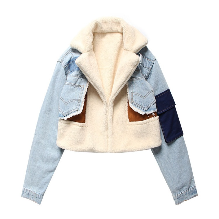 Plush jacket with denim seams