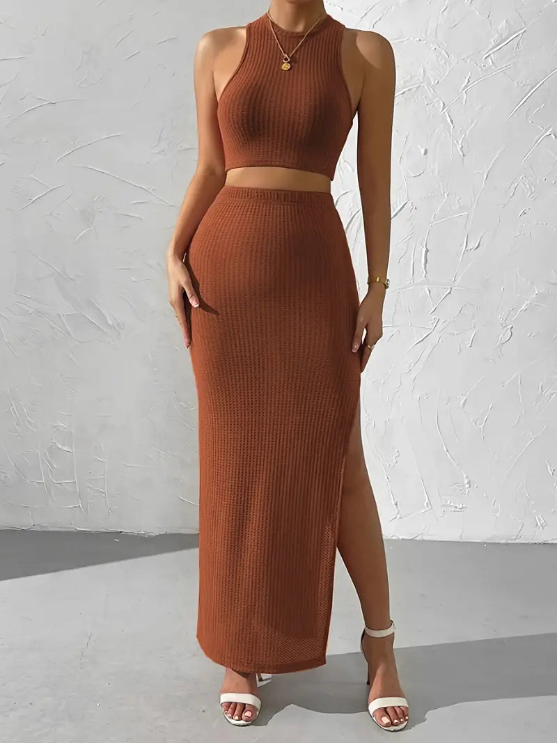 Sleeveless Crop Top With Maxi Skirt Knitted Set