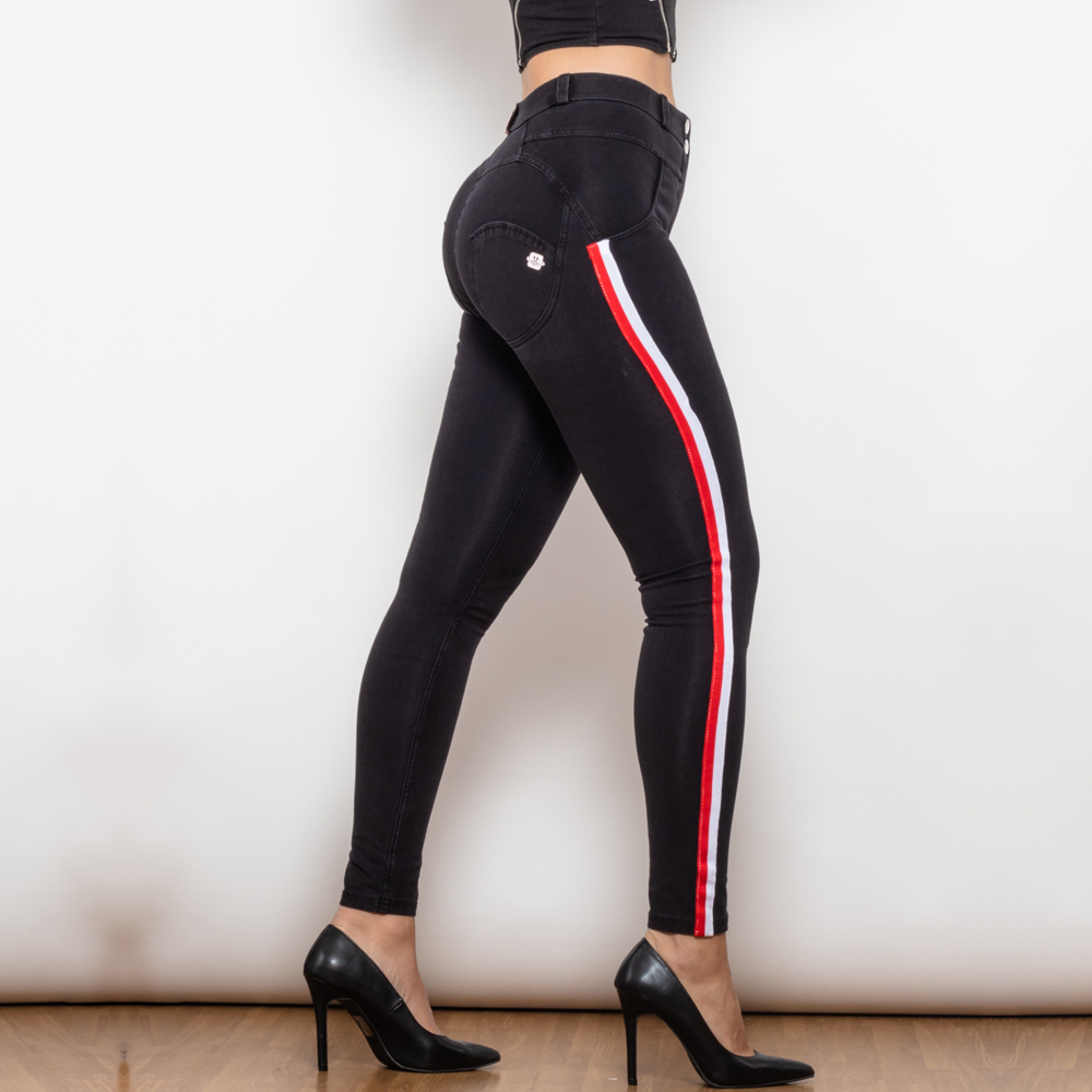 Tight Black Jeans With White & Red Stripe