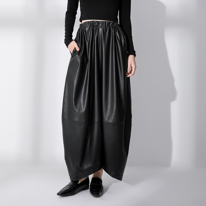 Black leather high waist wide leg pants