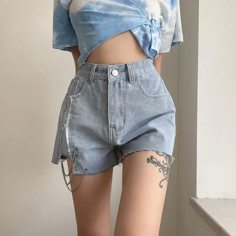 High Rise Denim Shorts With Chains