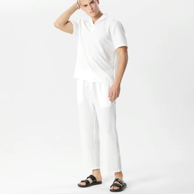 Casual Lapel Short Sleeve Shirt and Drawstring Pants