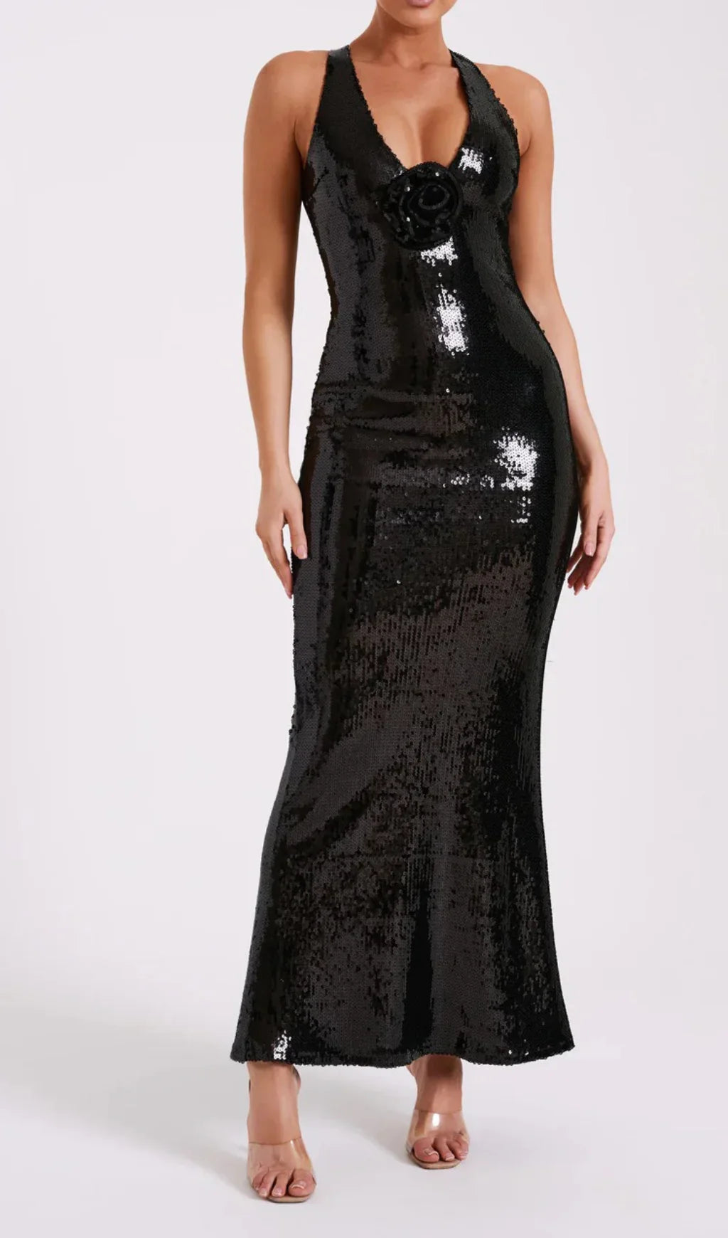 Sequin maxi dress with roses symbol