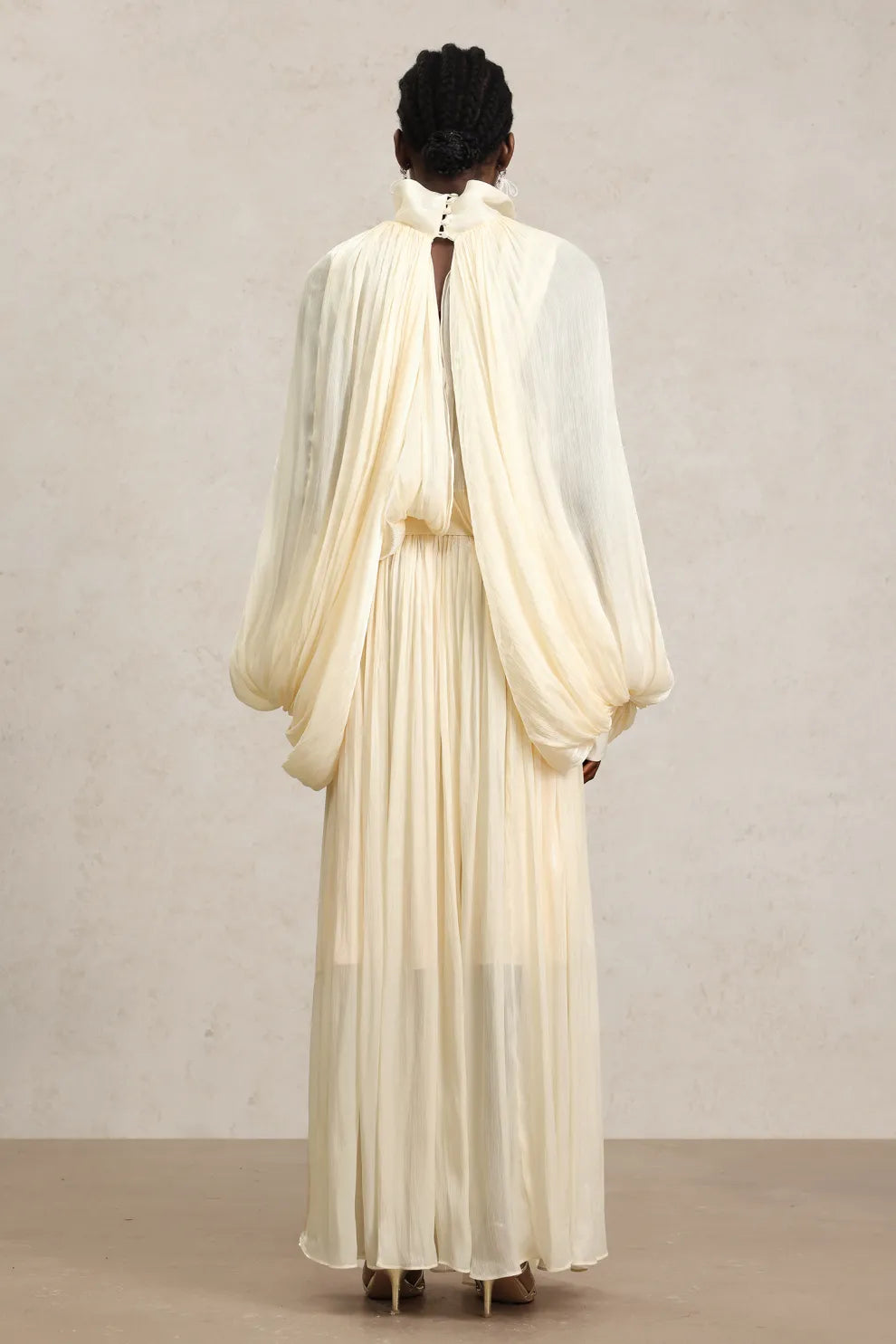 Long Sleeves Streamer Bowknot Beige Maxi Dress
