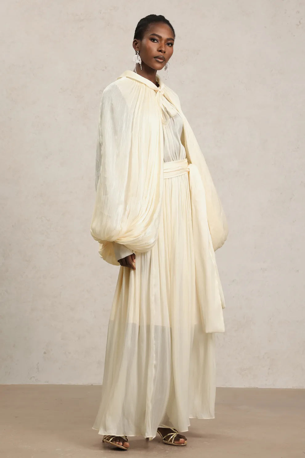 Long Sleeves Streamer Bowknot Beige Maxi Dress