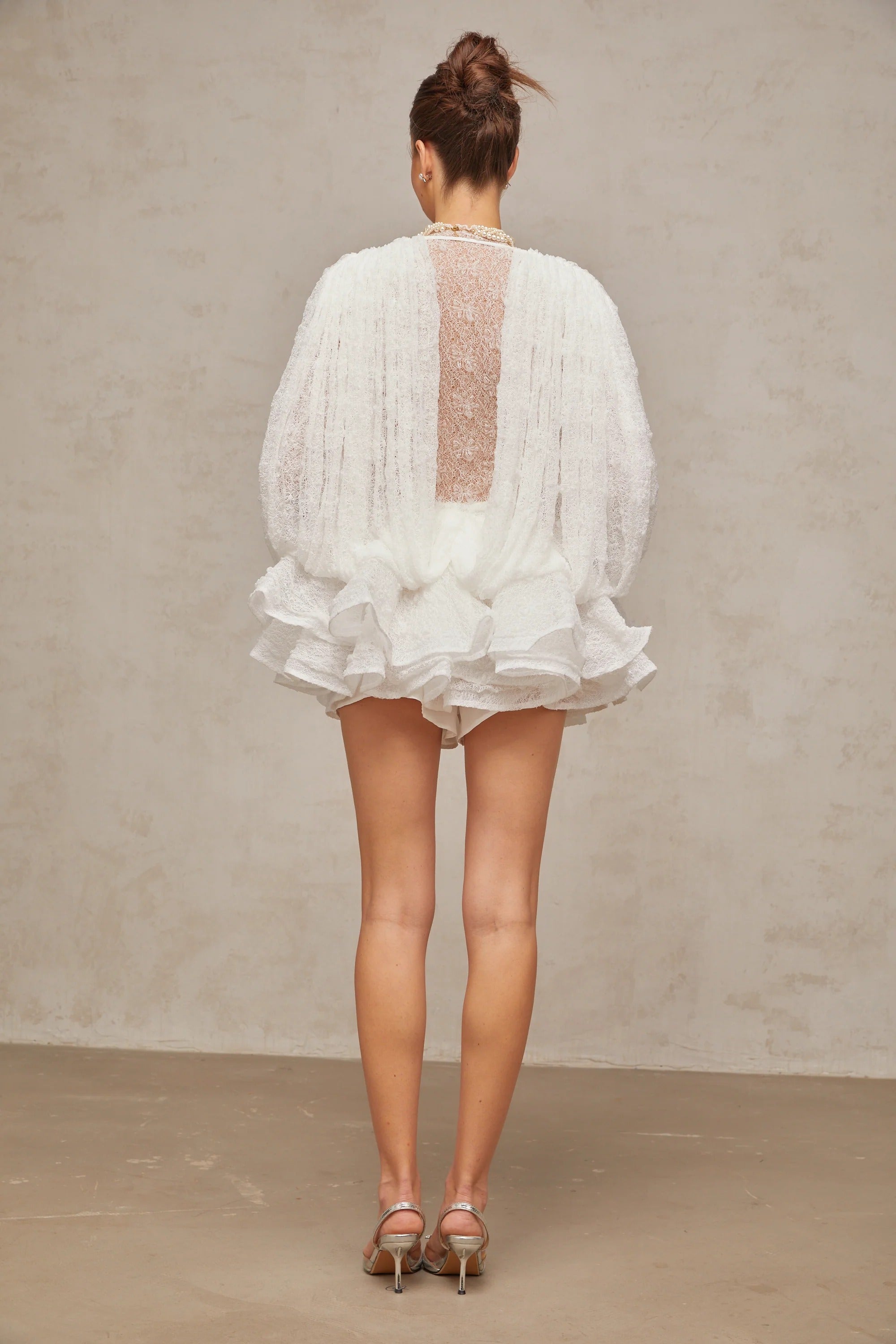 Long Sleeve Ruffled Lace White Mini Dress