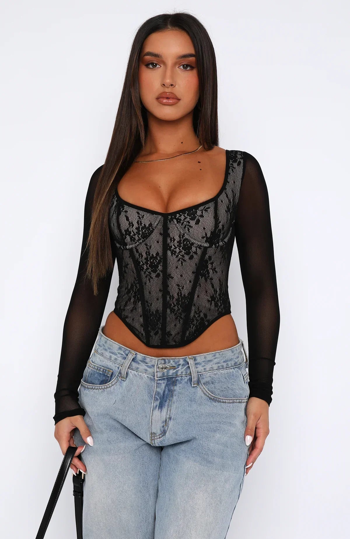 Black lace bustier with long sleeves