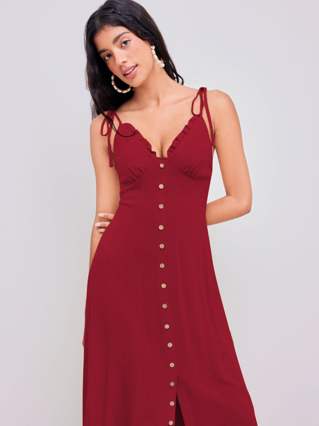 Casual elegant red maxi dress with buttons