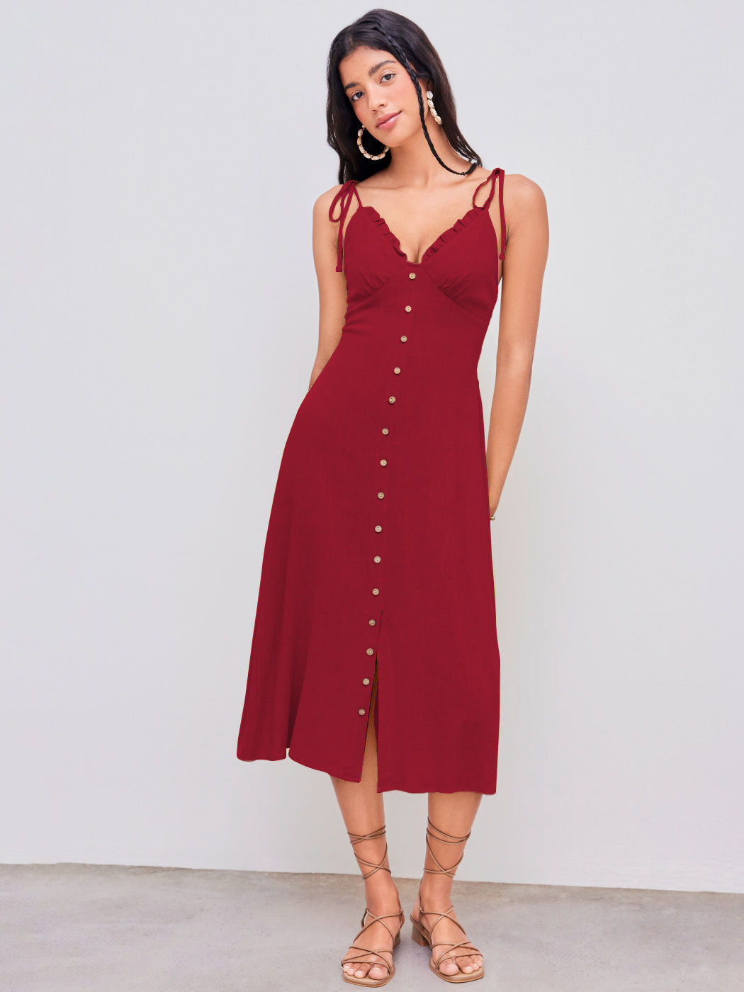 Casual elegant red maxi dress with buttons