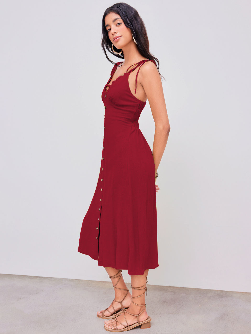 Casual elegant red maxi dress with buttons