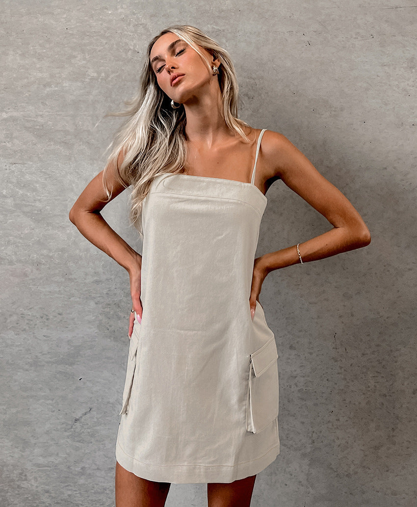 Linen khaki midi dress with suspender