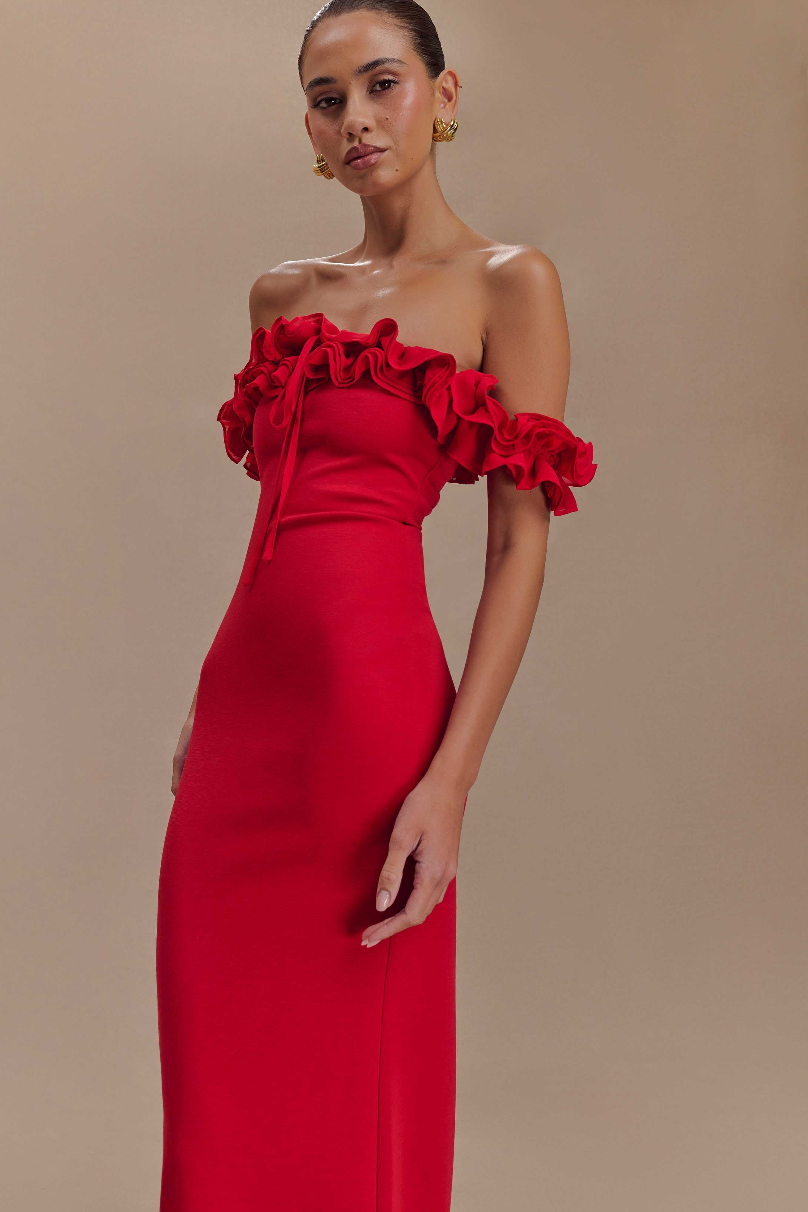Ruffled Off-shoulder Red Maxi Dress
