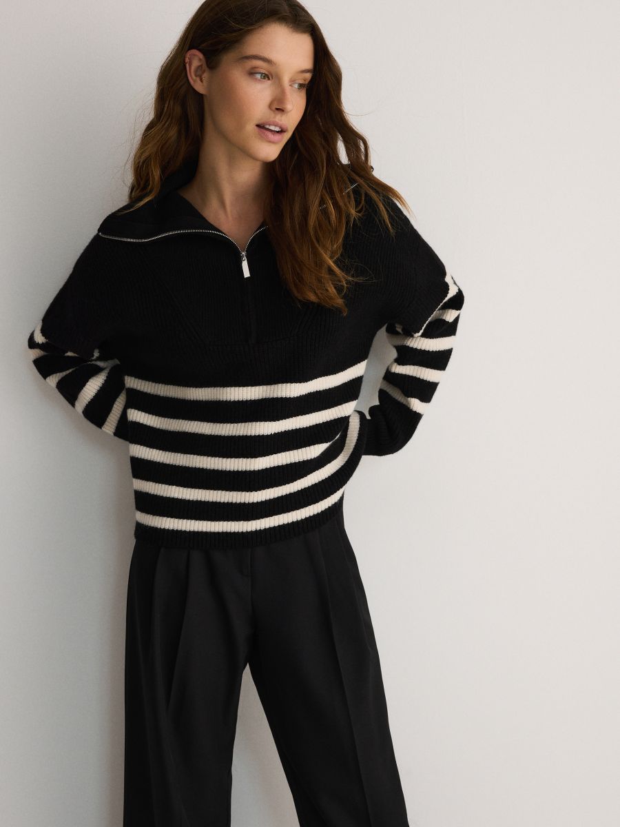 Zipped Turtle-neck Striped Sweater