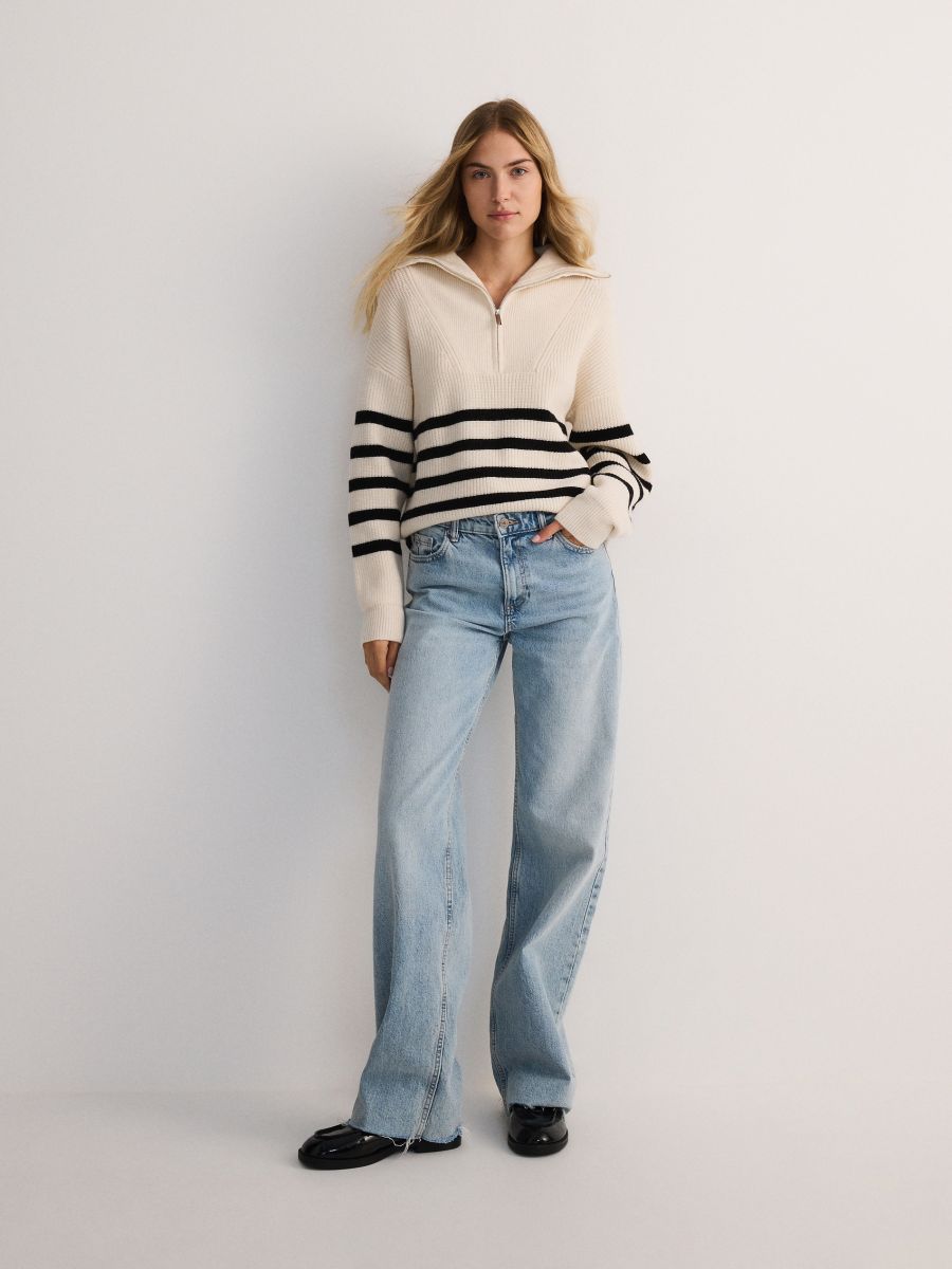 Zipped Turtle-neck Striped Sweater