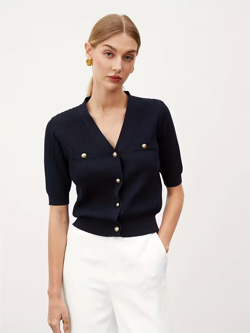 Short Sleeve Striped Black Cardigan