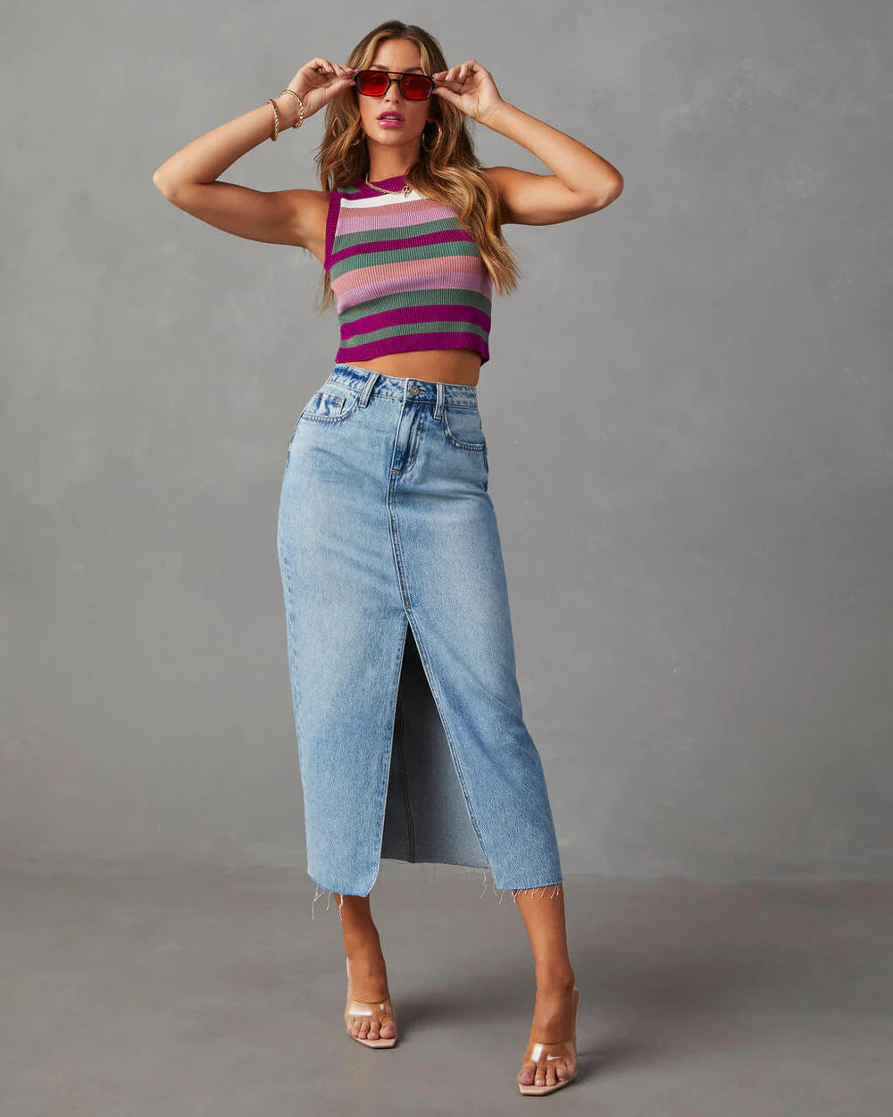 Denim Maxi Skirt With Front Slit