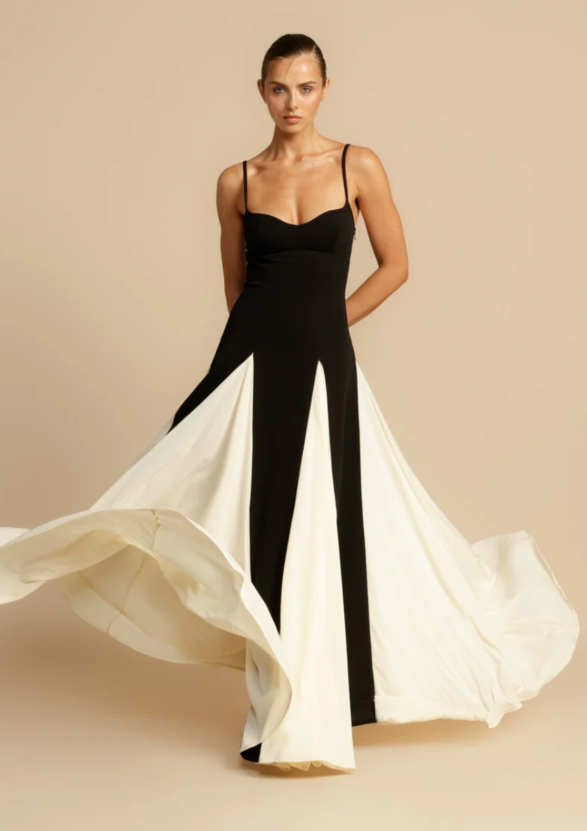 Elegant Contrast Color Maxi Dress In Black And White