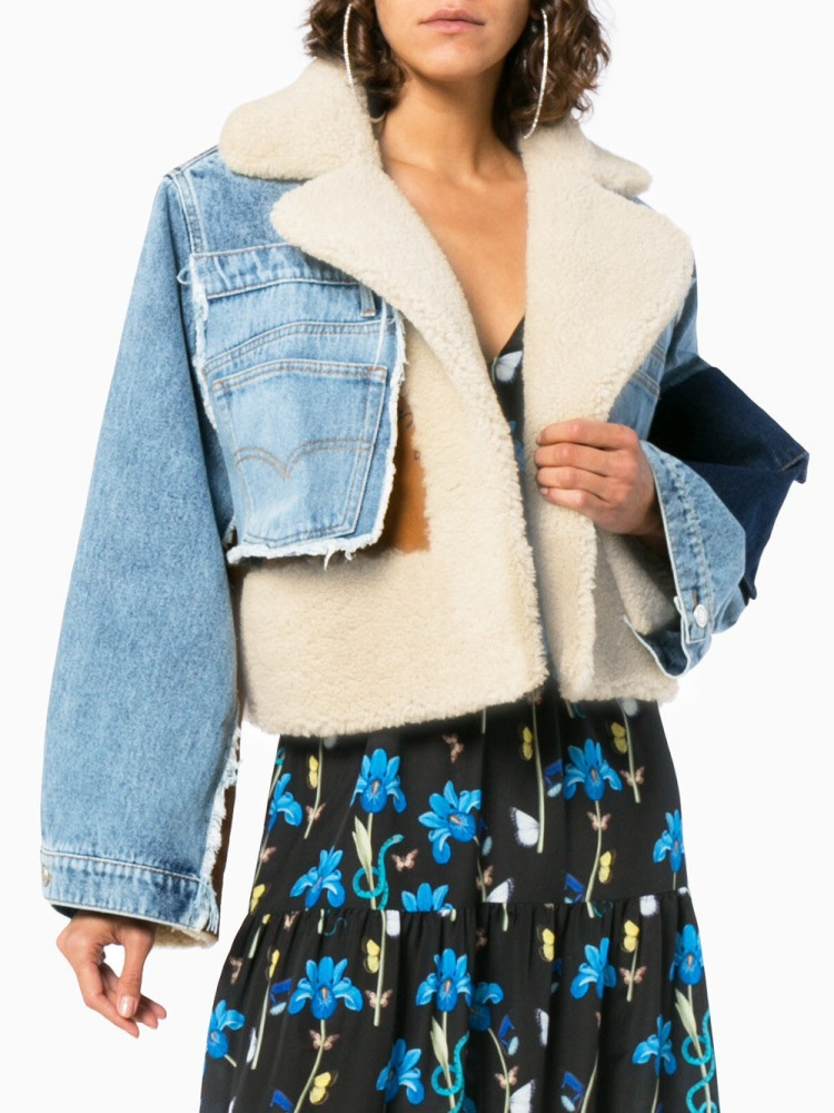 Plush jacket with denim seams