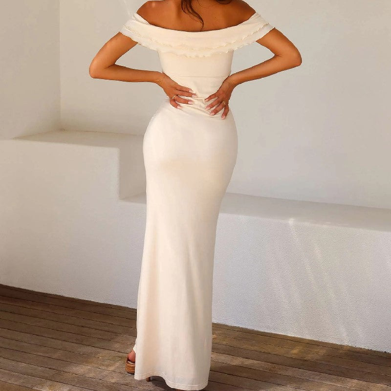 Off Shoulder Sheath Maxi Dress In Beige