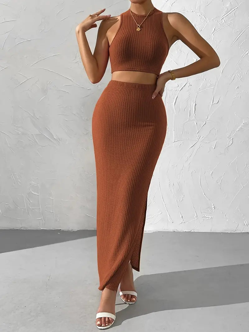 Sleeveless Crop Top With Maxi Skirt Knitted Set