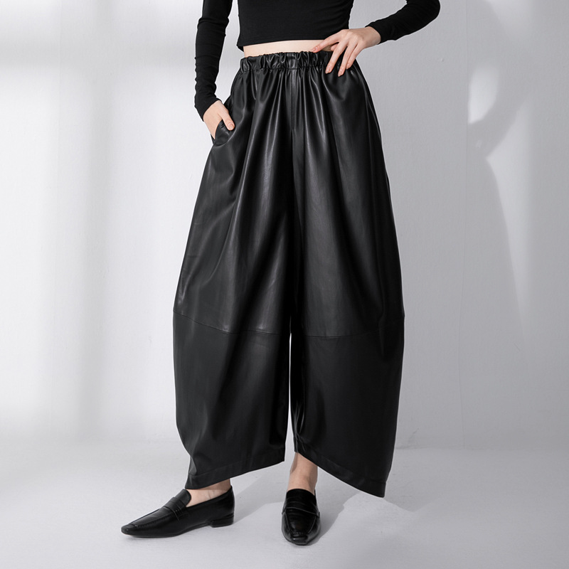 Black leather high waist wide leg pants