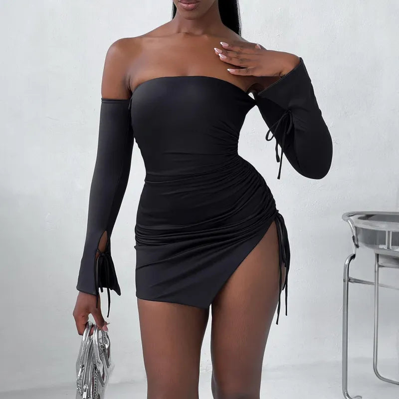 Shoulder Baring Mini Dress With Side Slit