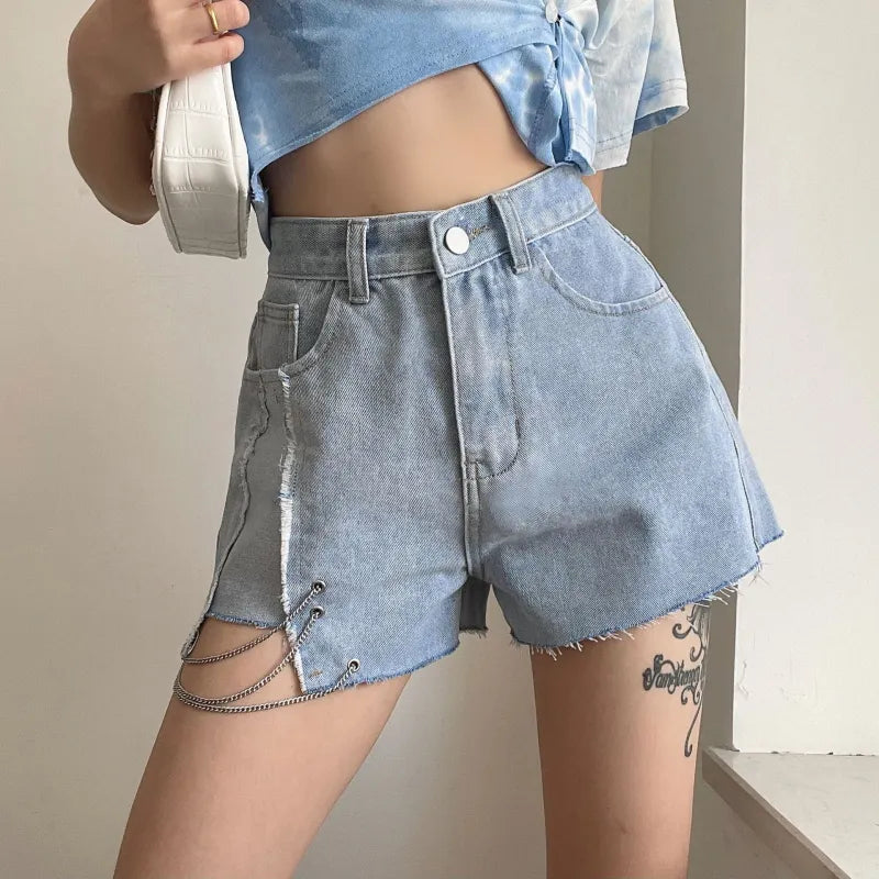 High Rise Denim Shorts With Chains