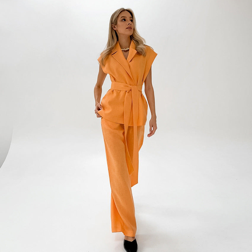 Sleeveless Lace-up Shirt With Pants Set In Orange