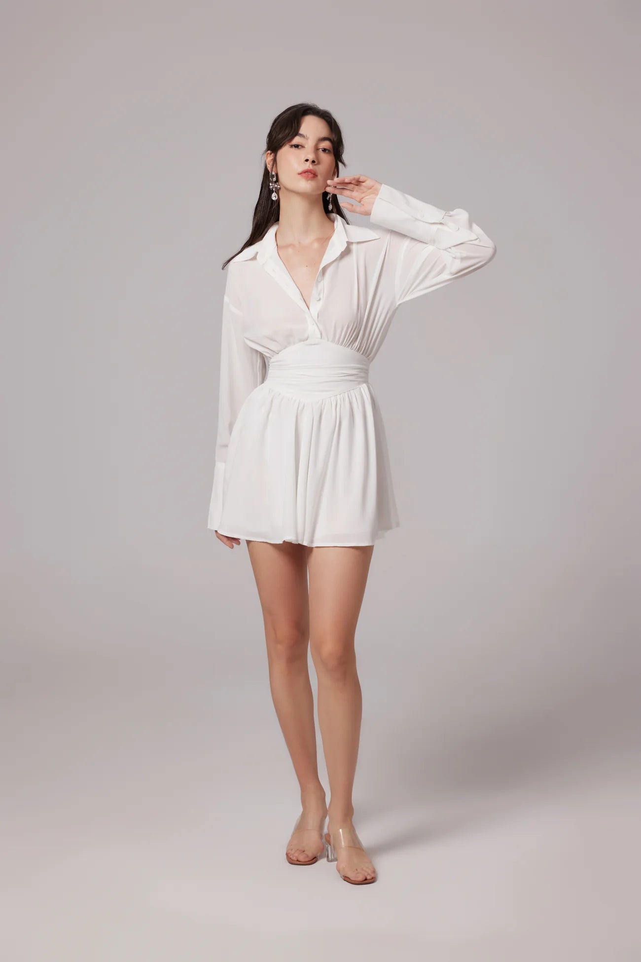 V-Neck Long Sleeve Mini Dress In White