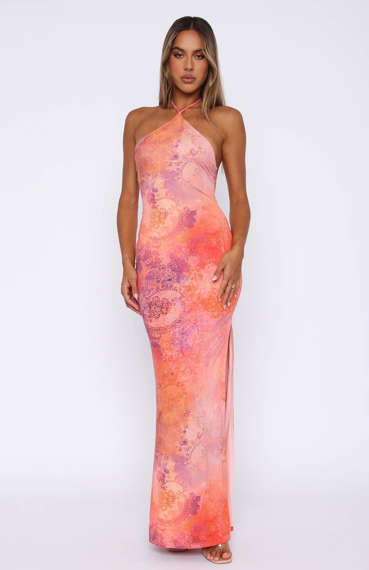 Halterneck Backless Maxi Dress In Orange