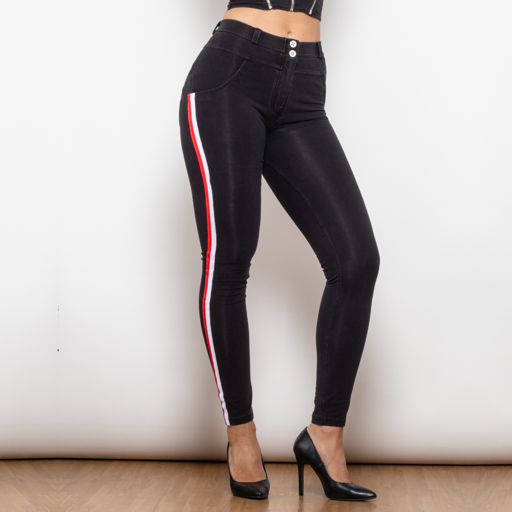 Tight Black Jeans With White & Red Stripe