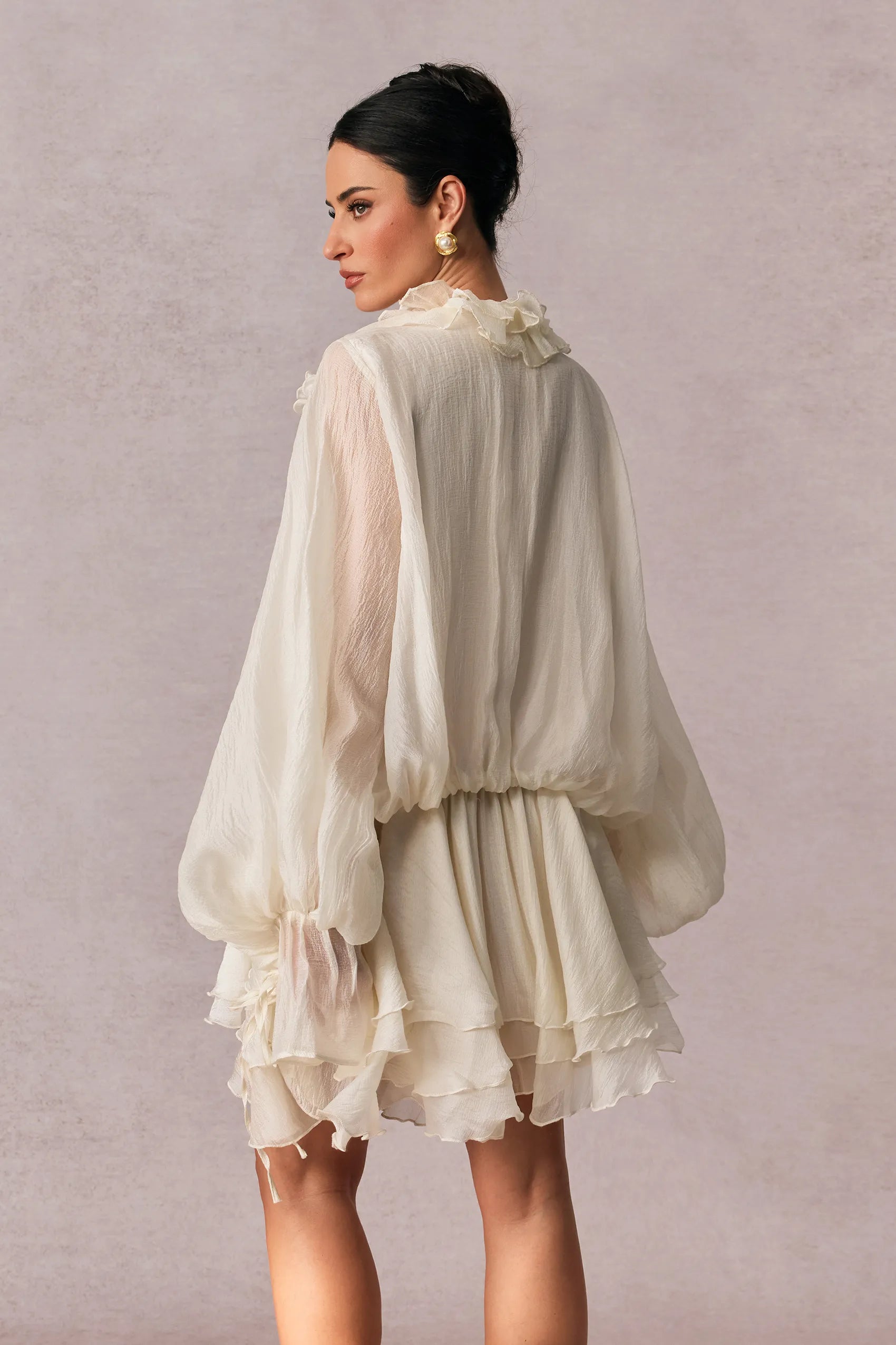 Olive Puff Sleeve Tiered Mini Dress