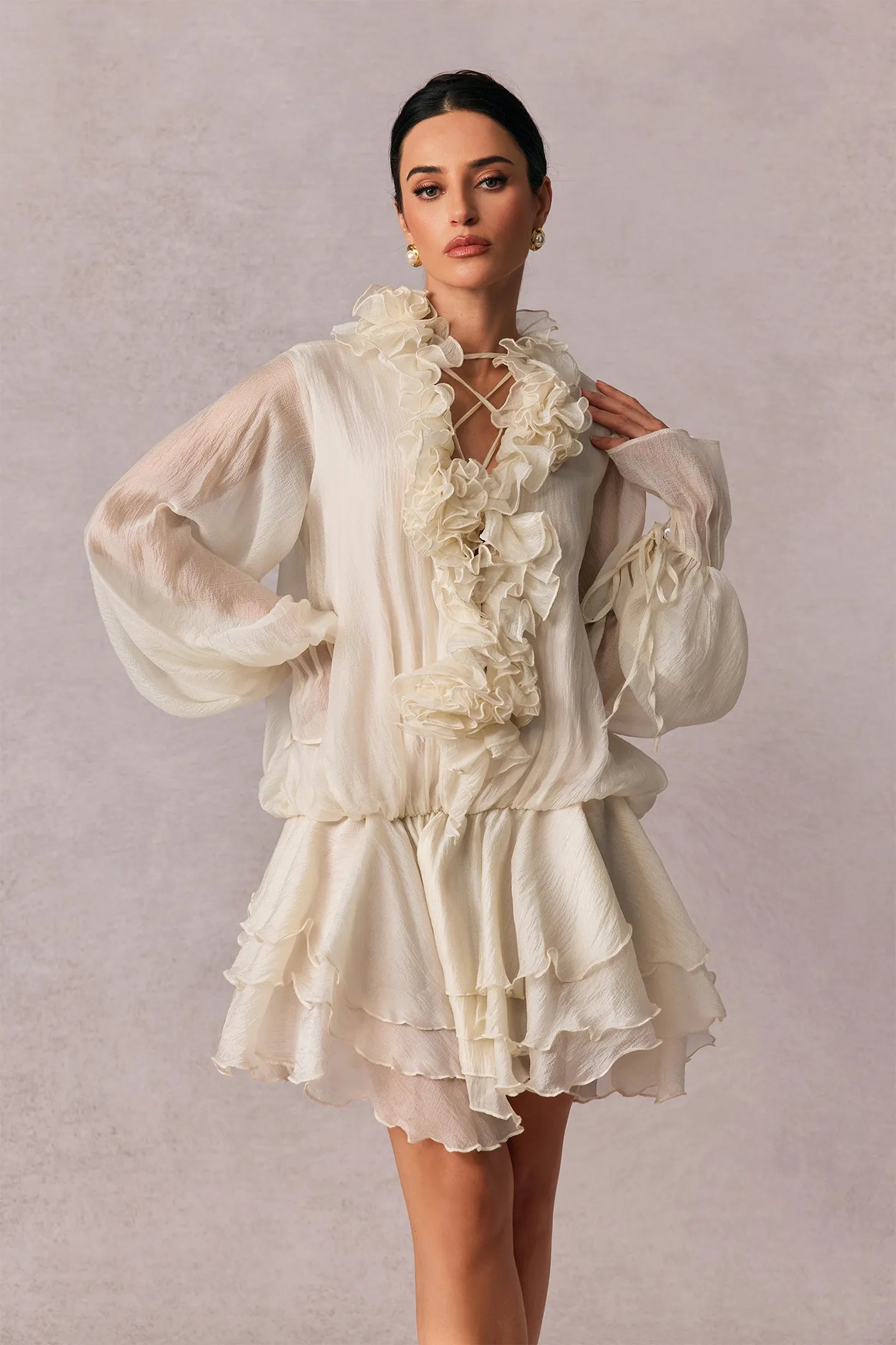 Olive Puff Sleeve Tiered Mini Dress