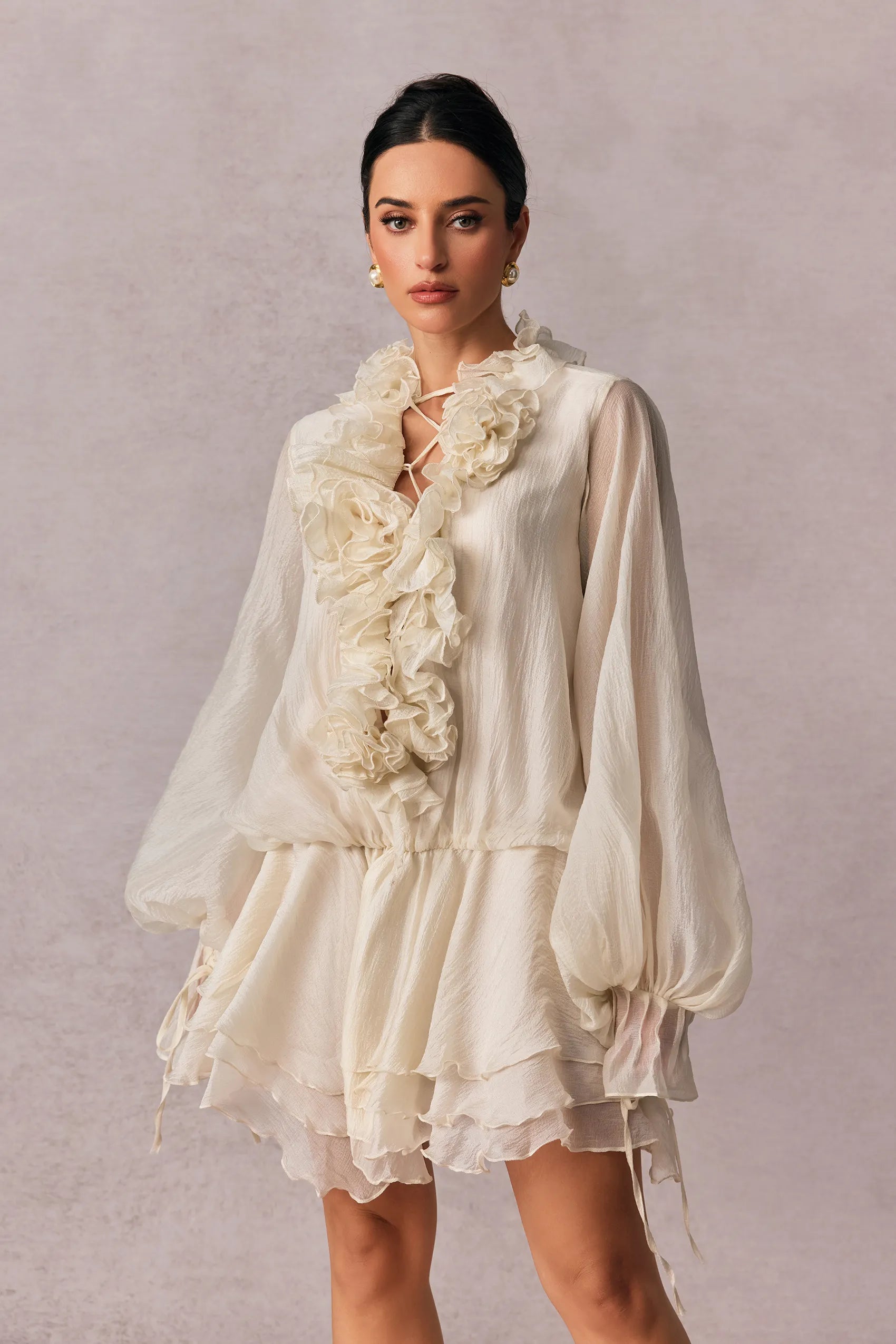 Olive Puff Sleeve Tiered Mini Dress