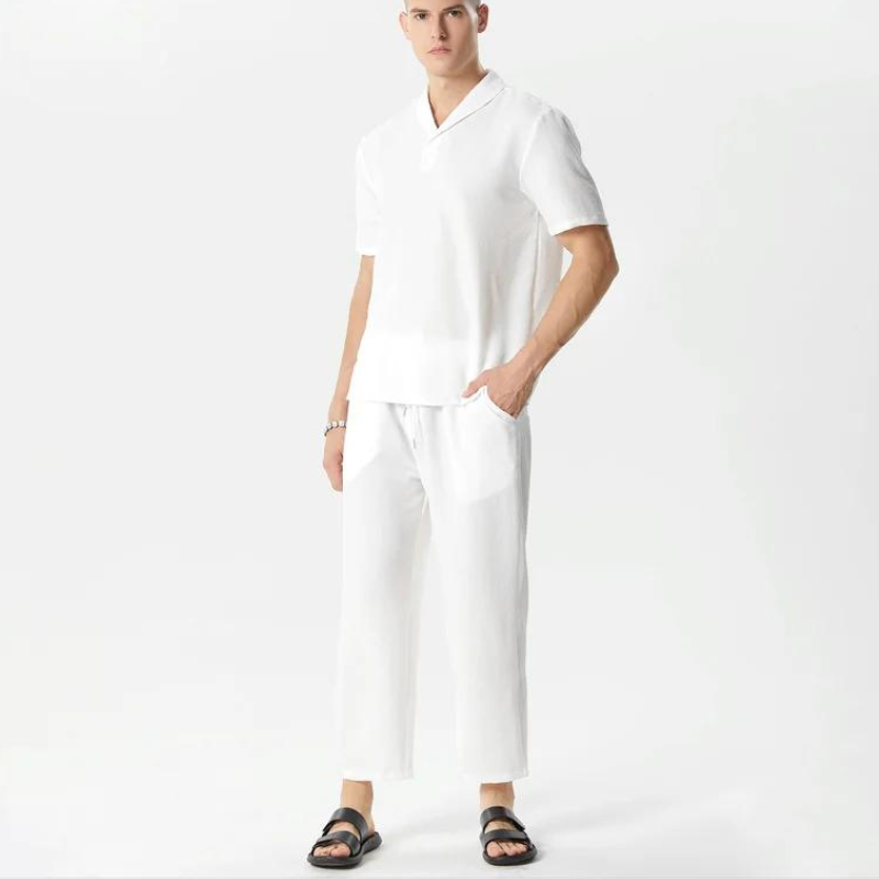 Casual Lapel Short Sleeve Shirt and Drawstring Pants