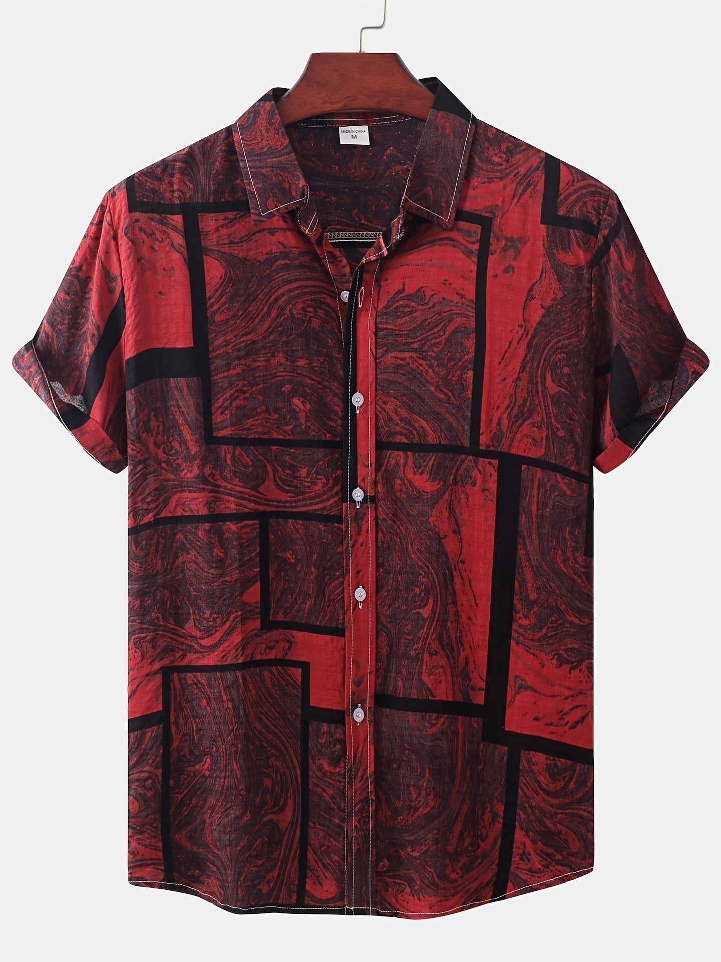 Square graphic cotton shirt with short sleeves for summer