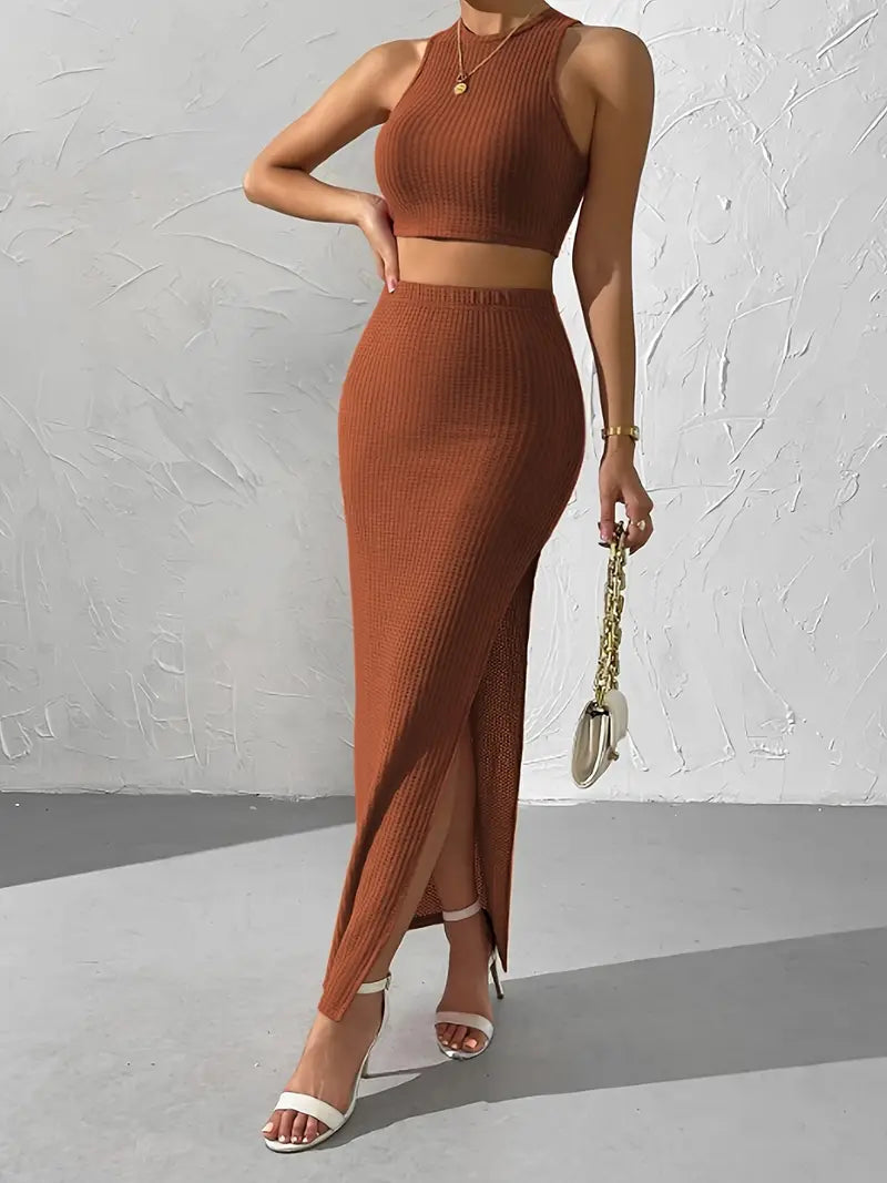 Sleeveless Crop Top With Maxi Skirt Knitted Set