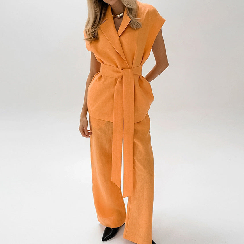 Sleeveless Lace-up Shirt With Pants Set In Orange