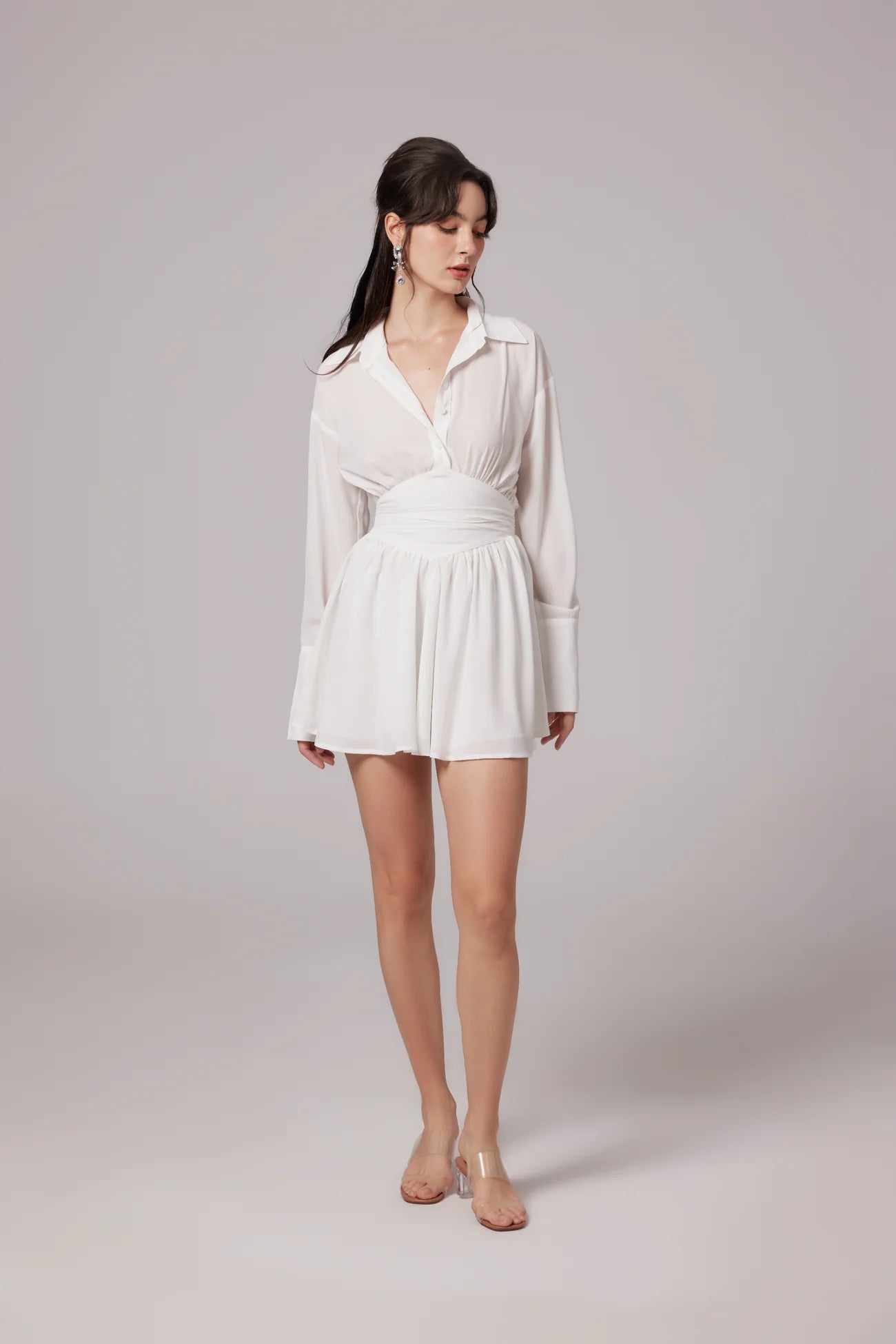 V-Neck Long Sleeve Mini Dress In White