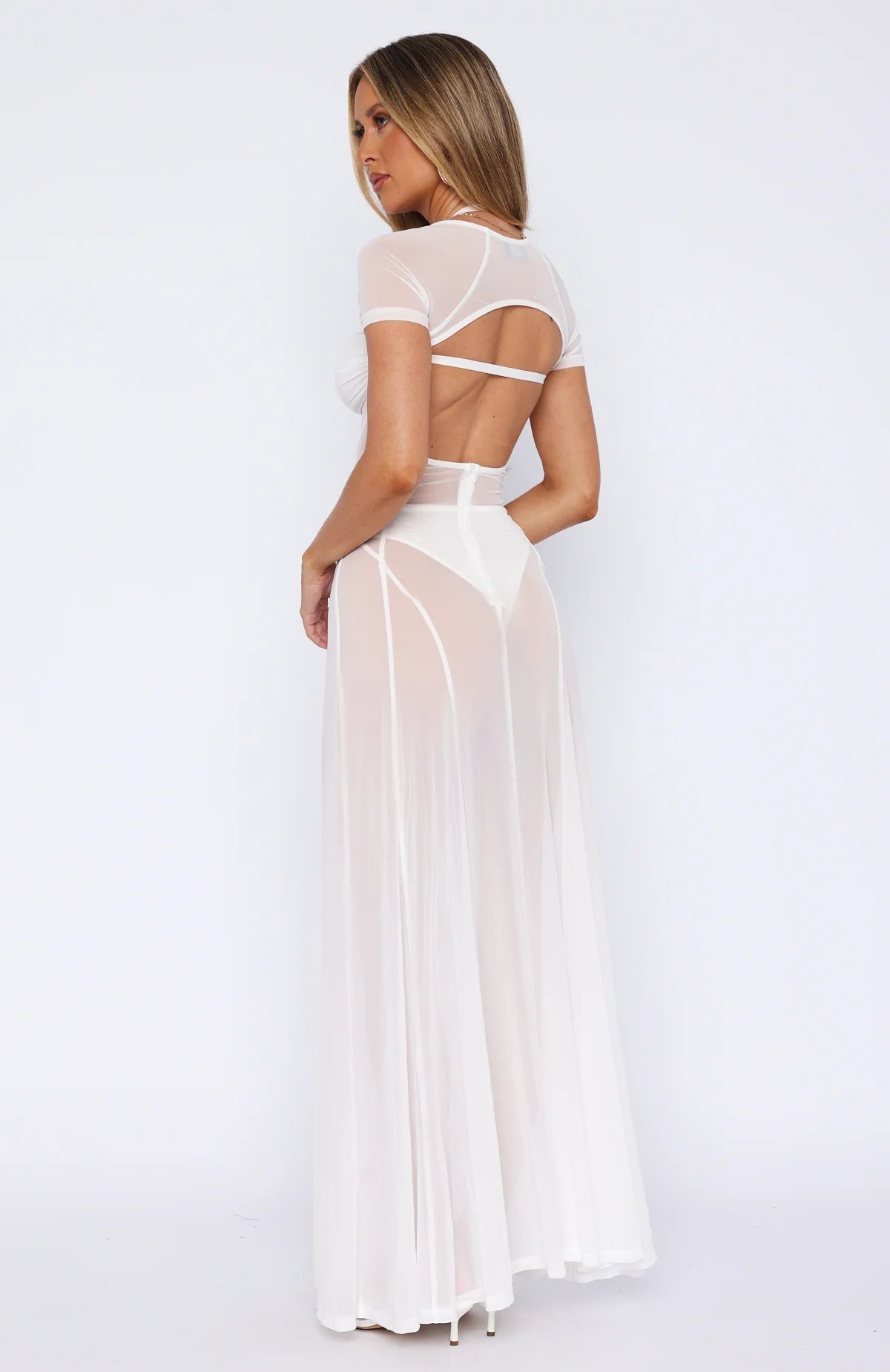 Mesh Fabric Side Split Maxi Dress In White