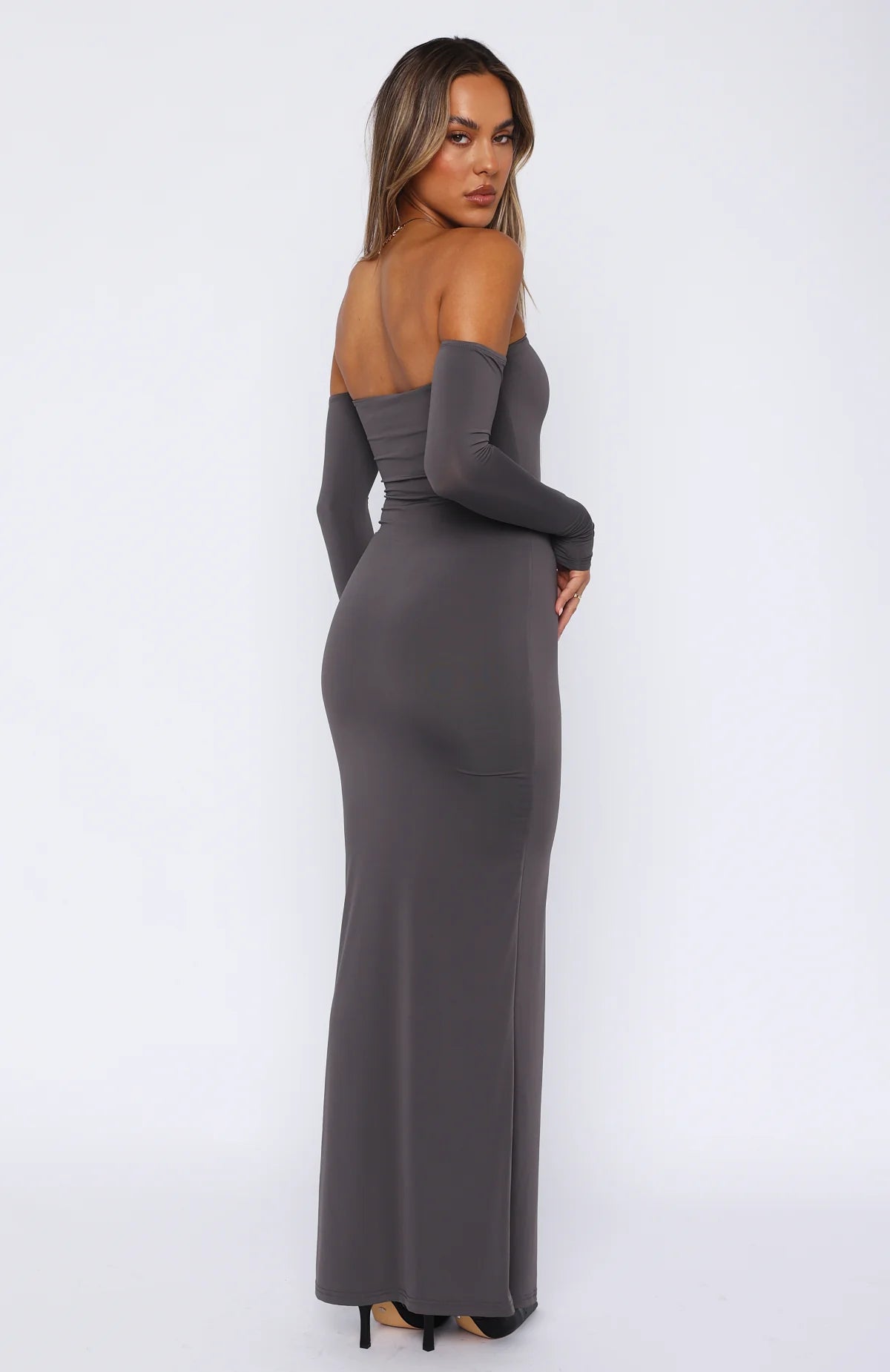 Long Sleeve Strapless Maxi Dress In Gray