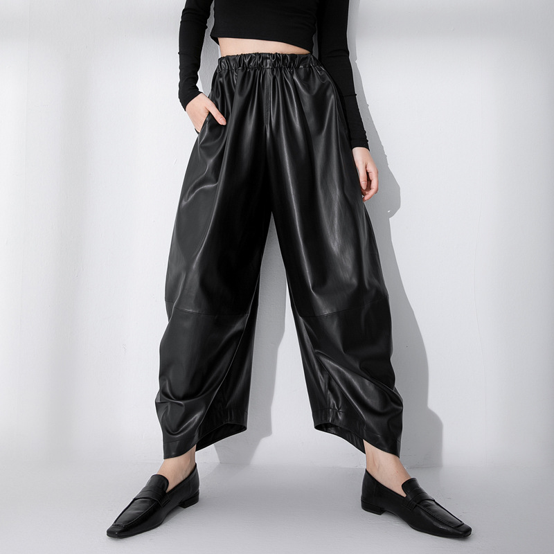 Black leather high waist wide leg pants