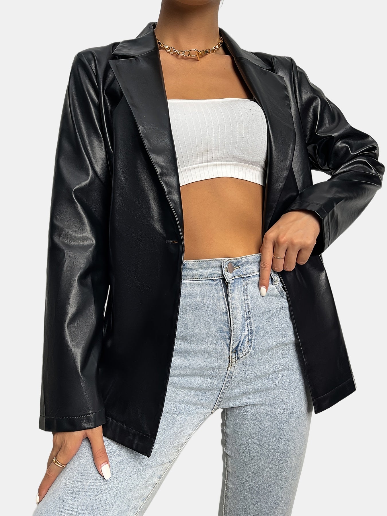 Black faux leather jacket with lapels