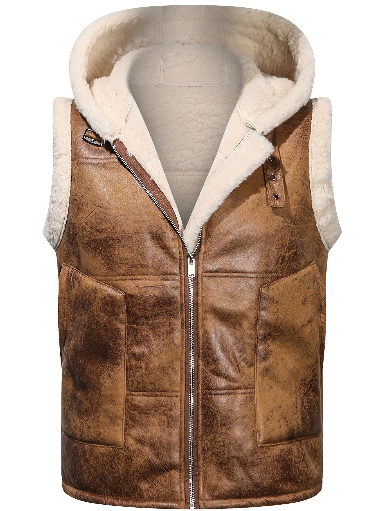 Sleeveless fleece leather jacket with hood